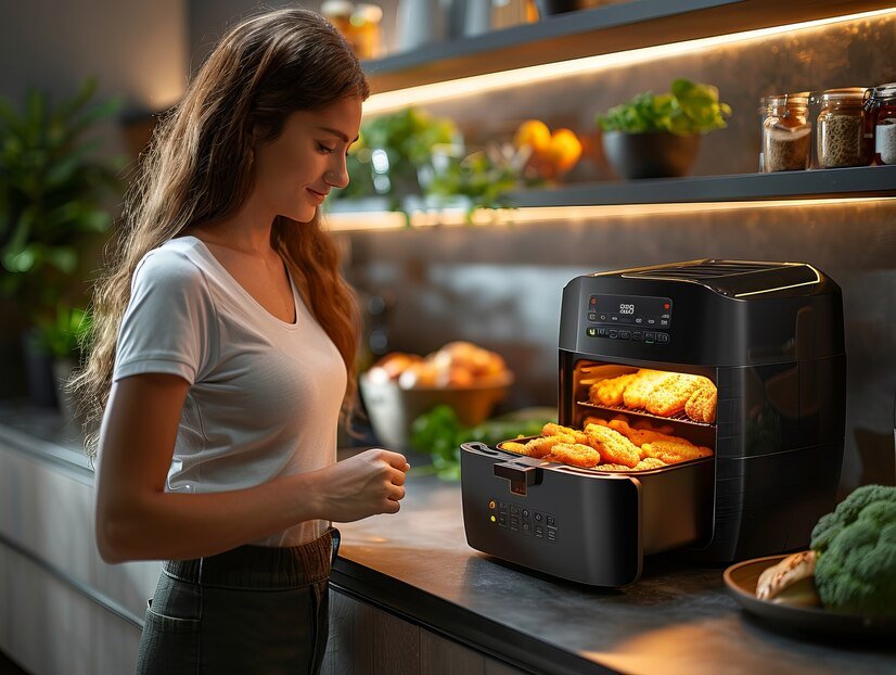 Mulher assando comida na Air fryer